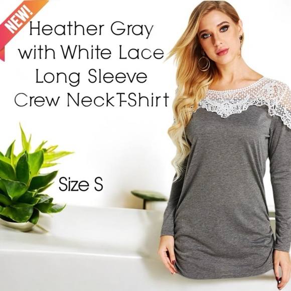 Tops - Heather Gray Plain Lace Long Sleeve Crew Neck T-Shirt
